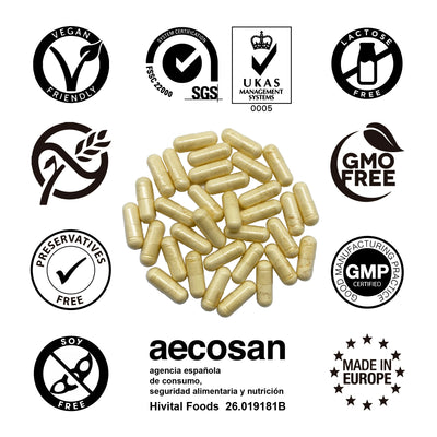 Vegan Vitamin B complex capsules with certification icons for quality and safety, made in Europe by Hivital Foods.