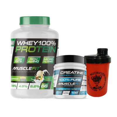 MuscleVIP Whey Protein and Creatine jars with red shaker, perfect for muscle gain and recovery.