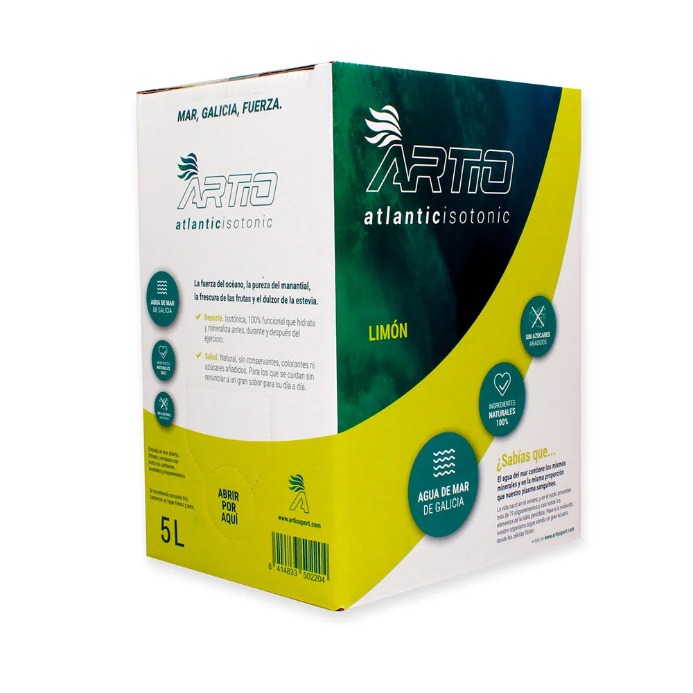 Artio Atlantic Isotonic Drink in lemon flavor, 5L box, designed for hydration with natural ingredients, sugar-free, and vegan.