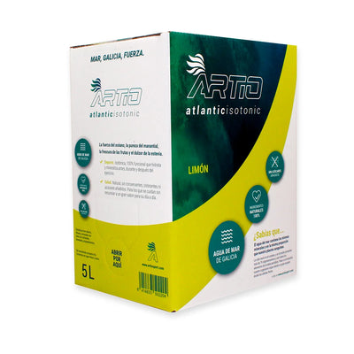 Artio Atlantic Isotonic Drink in lemon flavor, 5L box, designed for hydration with natural ingredients, sugar-free, and vegan.