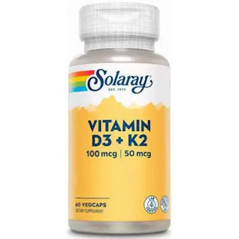 Solaray Vitamin D3 and K2 capsules for bone health and calcium absorption, 60 vegetarian capsules.