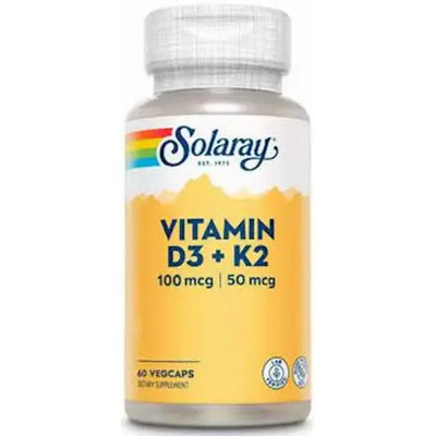 Solaray Vitamin D3 and K2 capsules for bone health and calcium absorption, 60 vegetarian capsules.