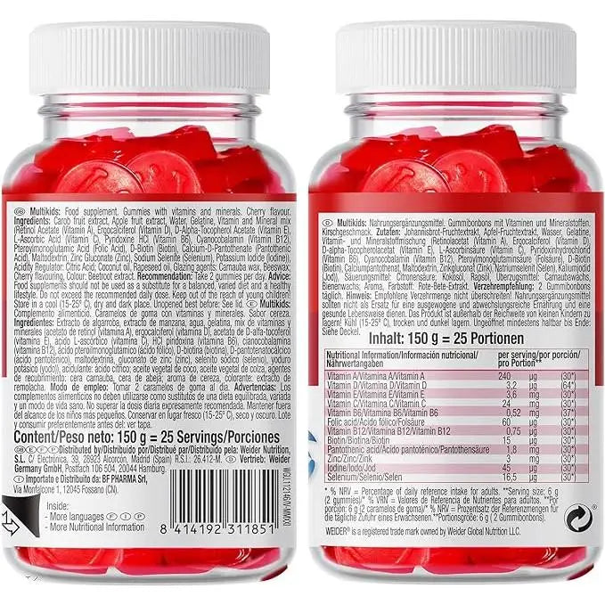 Multikids sugar-free multivitamins gummies for children in a clear jar, featuring nutritional information and cherry flavor.