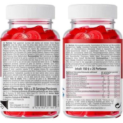 Multikids sugar-free multivitamins gummies for children in a clear jar, featuring nutritional information and cherry flavor.