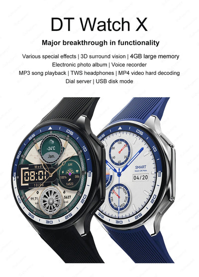 DT Watch X showcasing 3D surround vision, 4GB memory, and features like MP3 playback and voice recorder.