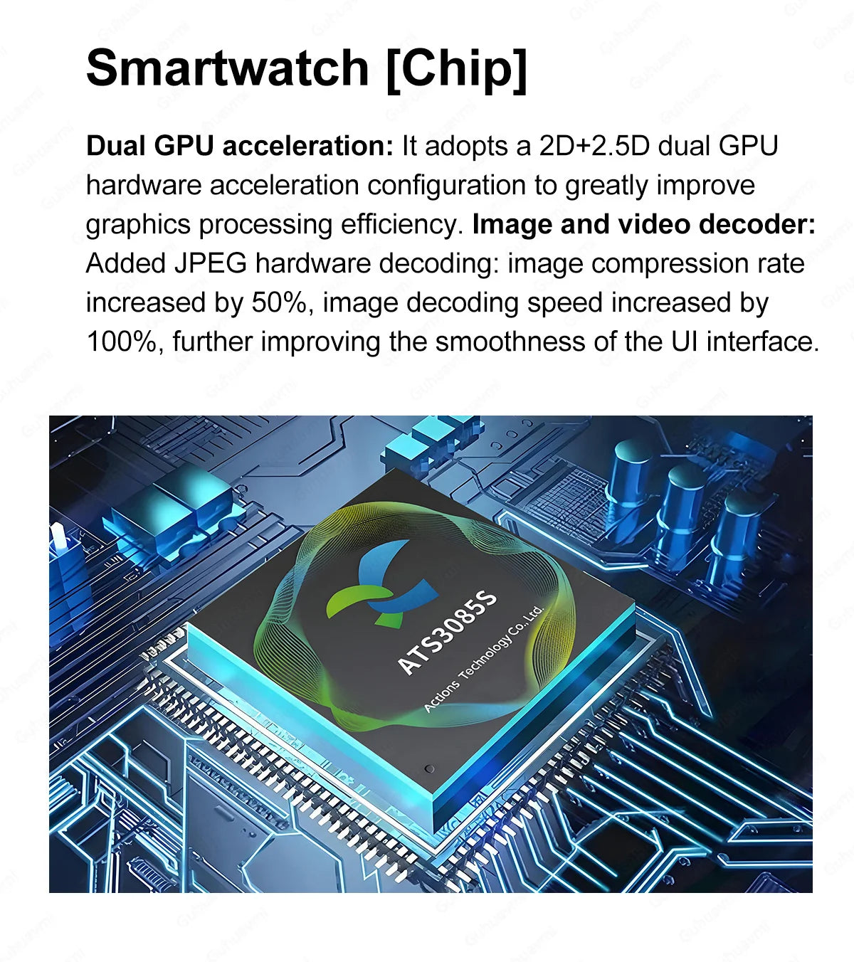 Image of smartwatch chip showcasing dual GPU acceleration for improved graphics processing efficiency.
