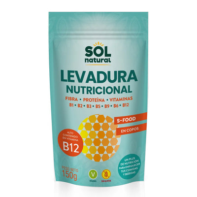 Nutritional yeast with vitamin B12 in a 150g package from Sol Natural, featuring fiber and protein benefits.