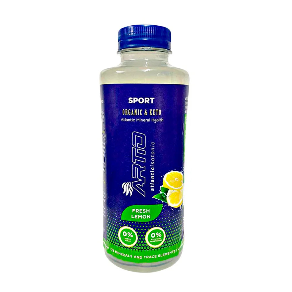 Artio sport isotonic drink lemon flavor, organic, sugar-free, vegan, gluten-free, keto, in a clear bottle.
