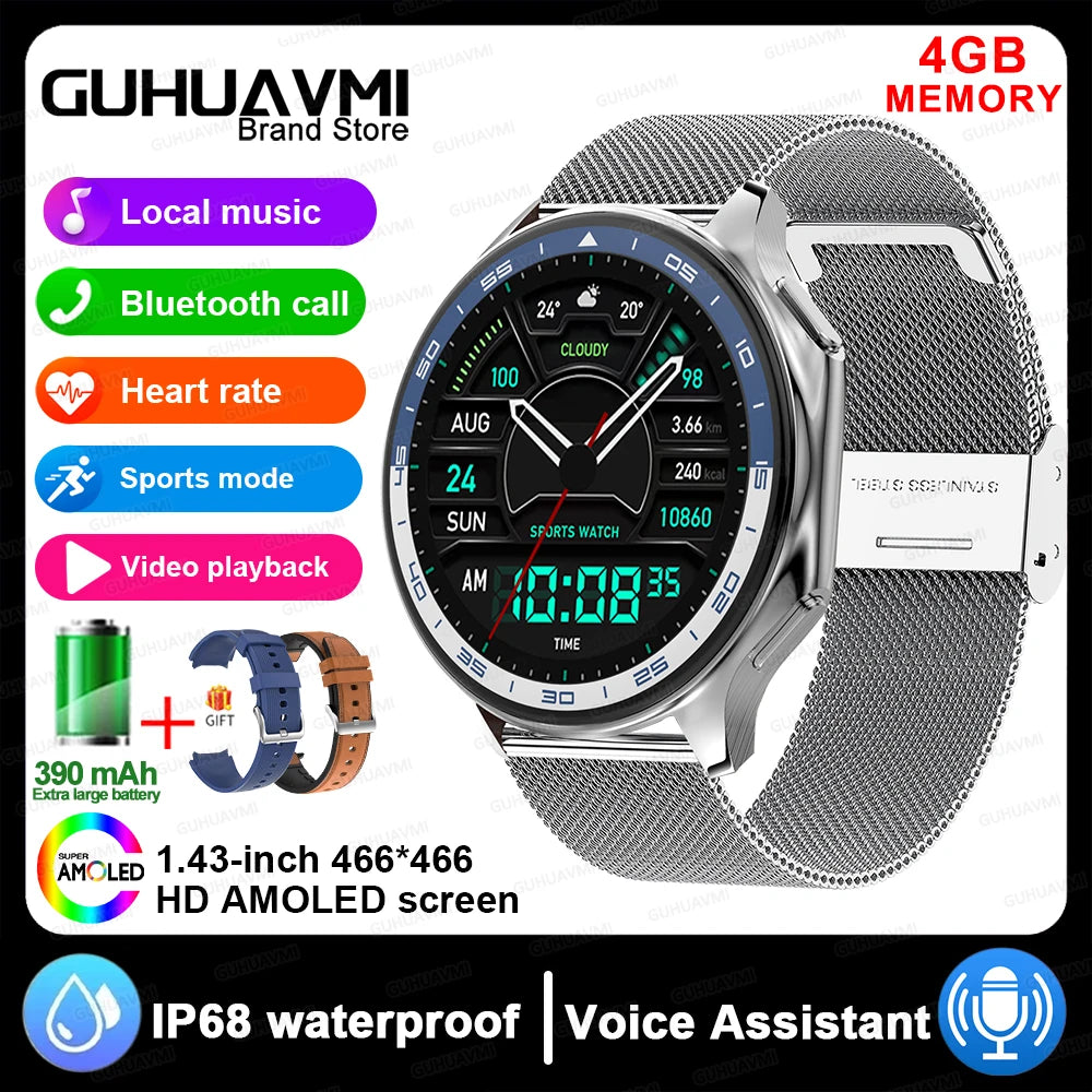2024 OPPO Watch featuring 4GB memory, Bluetooth calls, IP68 waterproof, heart rate monitor, and AMOLED display.