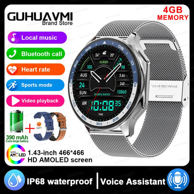 2024 OPPO Watch featuring 4GB memory, Bluetooth calls, IP68 waterproof, heart rate monitor, and AMOLED display.
