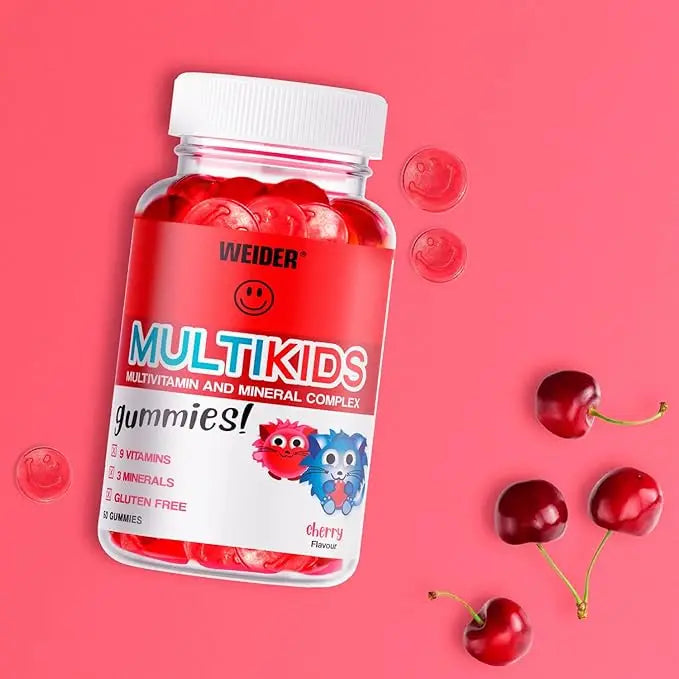 Weider Multikids cherry flavor gummies in a bottle, sugar-free multivitamins for children's growth and development.