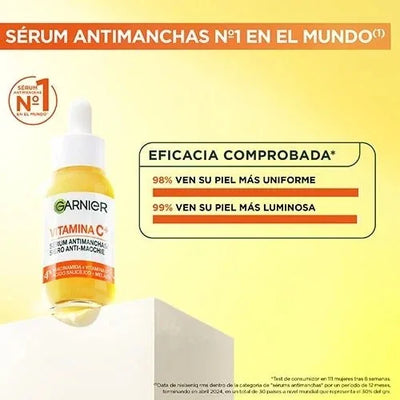 Garnier Skin Active Vitamin C Anti-Stain Serum, proven results for luminous and uniform skin, suitable for all skin types.