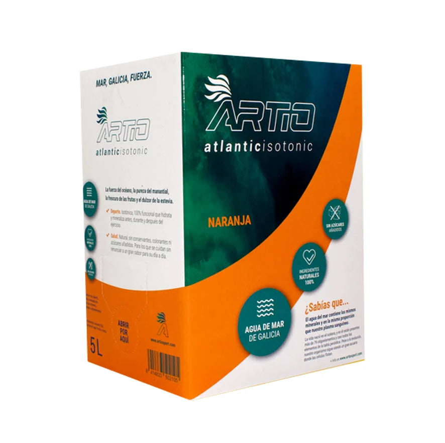 Artio sport isotonic drink in 5L box, orange flavor, 100% natural ingredients, sugar-free, suitable for vegan and keto diets.