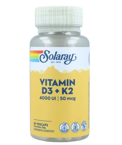 Solaray Vitamin D3 + K2 capsules in a bottle, supporting bone health and immunity, suitable for vegetarians.