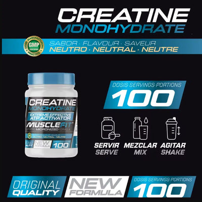 Creatine Monohydrate powder container with serving details and usage instructions, ideal for muscle recovery and performance.