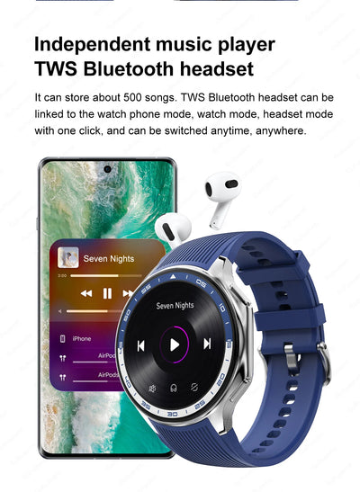 Bluetooth headset paired with smartwatch for music playback, showcasing music player interface and TWS design.