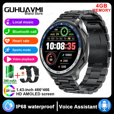 2024 OPPO Watch with 4GB memory, Bluetooth calls, heart rate monitor, IP68 waterproof, and music storage.
