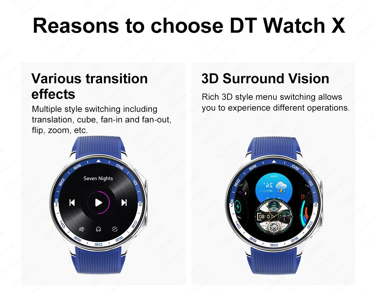 DT Watch X showcasing various transition effects and 3D surround vision for enhanced user experience.