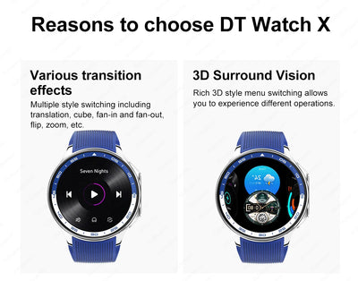 DT Watch X showcasing various transition effects and 3D surround vision for enhanced user experience.