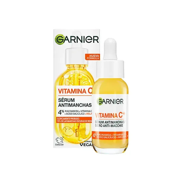 Garnier Skin Active Vitamin C Anti-Stain Serum in a bottle, promoting radiant and luminous skin for all skin types.