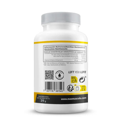 Back view of MM Supplements vitamin D softgels bottle, showcasing nutritional information and brand logo.