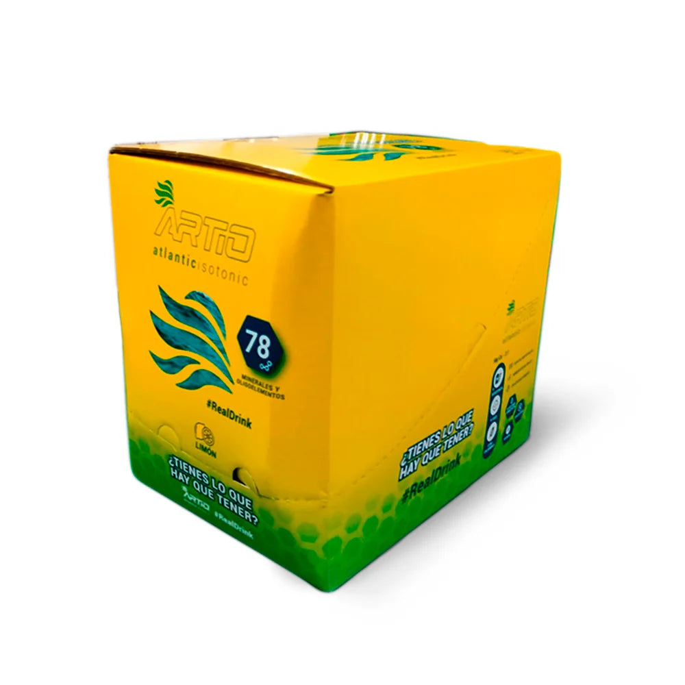 Artio sport isotonic drink lemon flavor pack in bright yellow packaging, promotes hydration and energy.