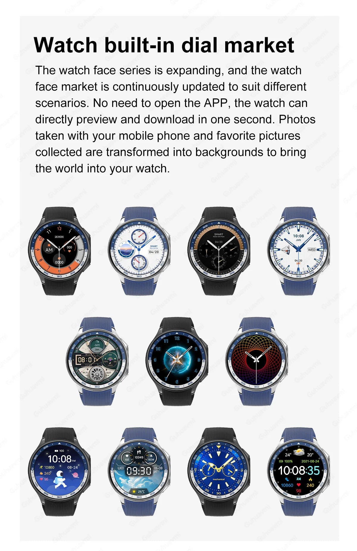 Collection of various watch faces for customizable displays on smartwatches, showcasing diverse designs and functionalities.