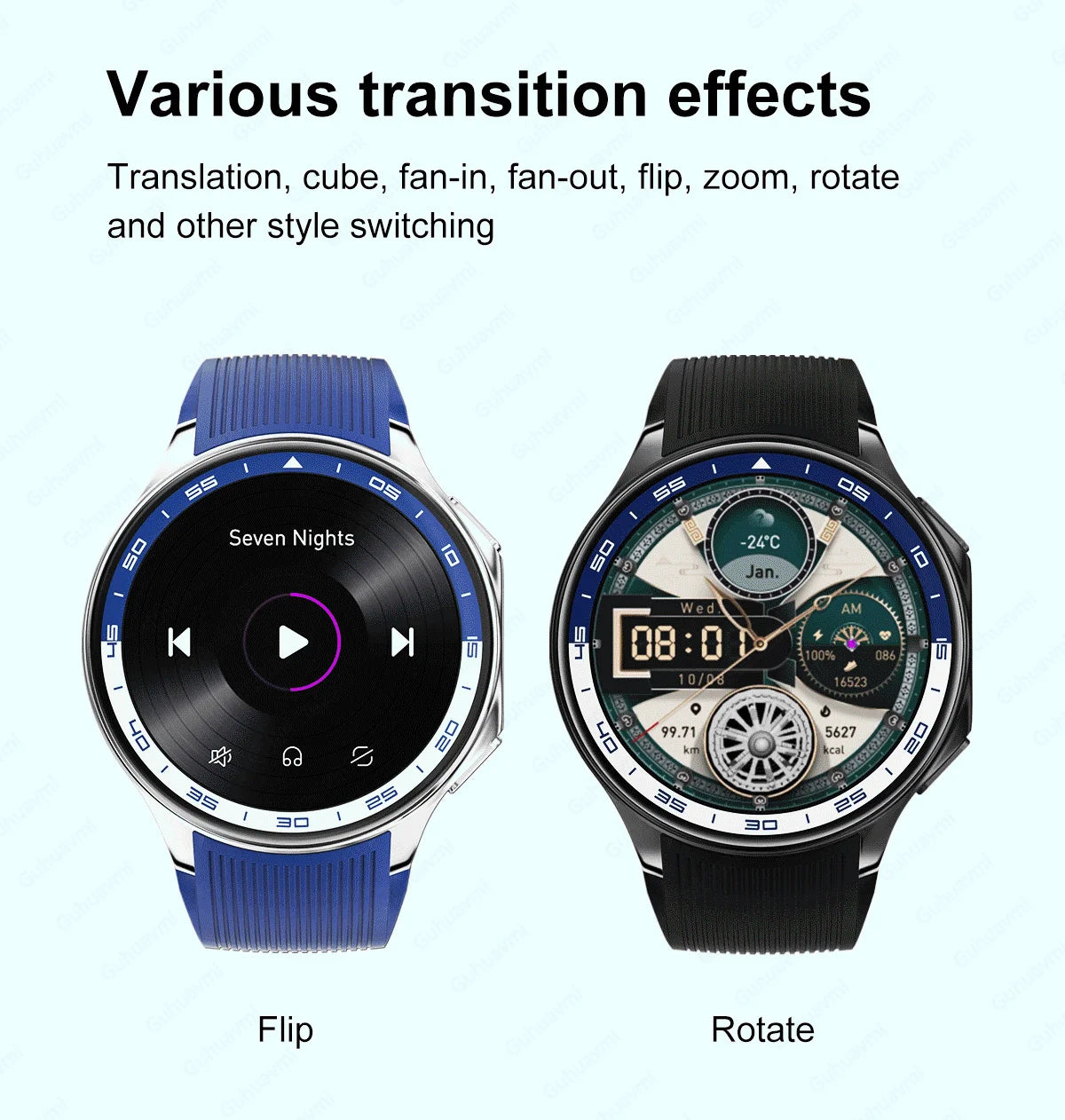 2024 OPPO Watch showcasing various transition effects like flip and rotate for enhanced user experience.