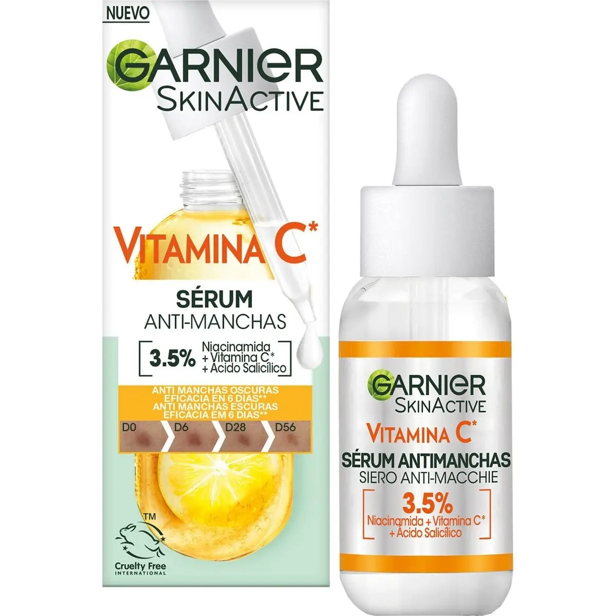 Garnier SkinActive Vitamin C anti-stain serum with 3.5% Niacinamide and Salicylic Acid for radiant, luminous skin.