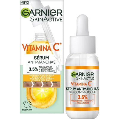 Garnier SkinActive Vitamin C anti-stain serum with 3.5% Niacinamide and Salicylic Acid for radiant, luminous skin.