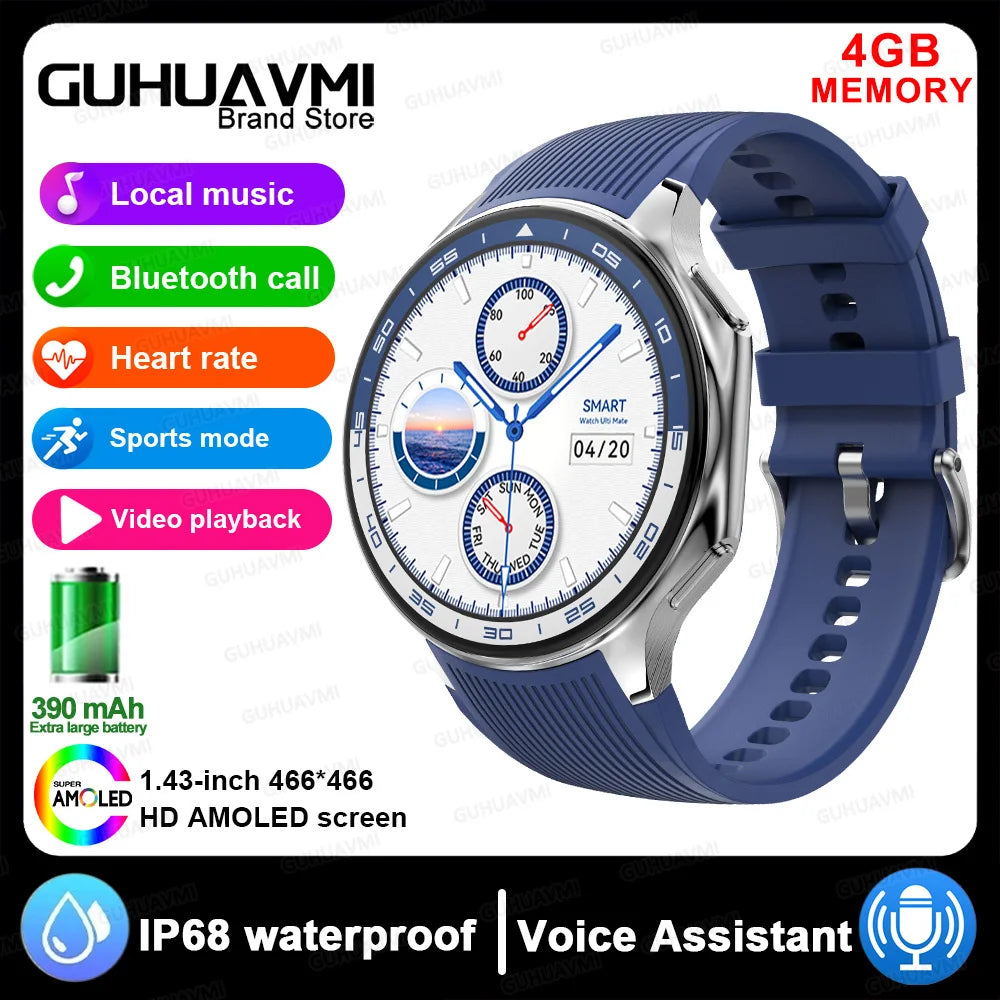 2024 OPPO Watch with 4GB memory, Bluetooth calls, heart rate monitor, and IP68 waterproof design.