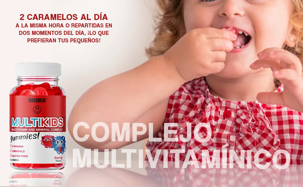 Multikids multivitamins gummies for children, sugar-free, supporting growth with delicious cherry flavor.