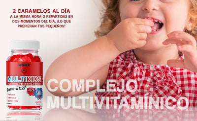 Multikids multivitamins gummies for children, sugar-free, supporting growth with delicious cherry flavor.