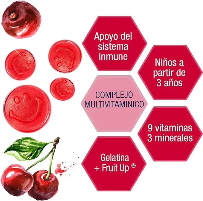 Multikids multivitamins gummies for children, supporting growth with 9 vitamins, sugar-free, delicious cherry flavor.