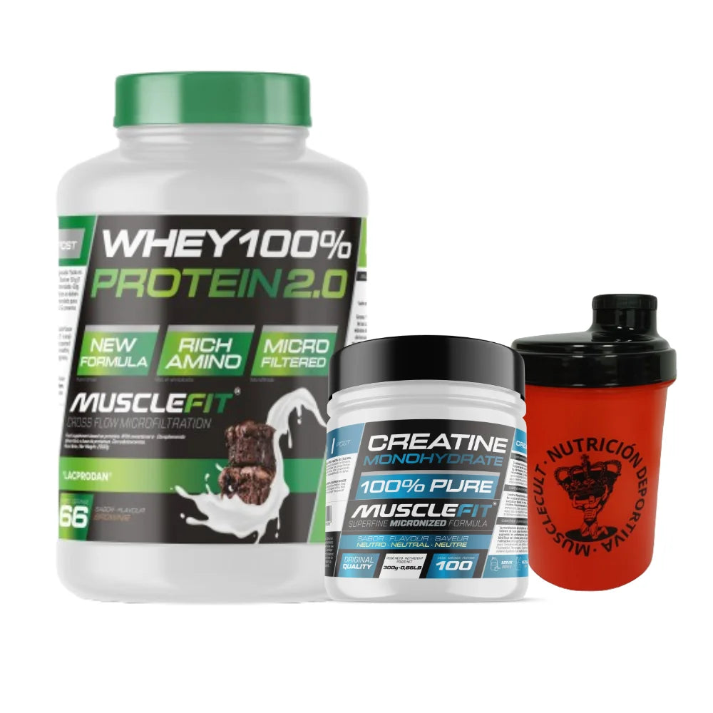 MuscleVIP Whey Protein 2.0, Creatine, and shaker bottle for muscle building and regeneration.