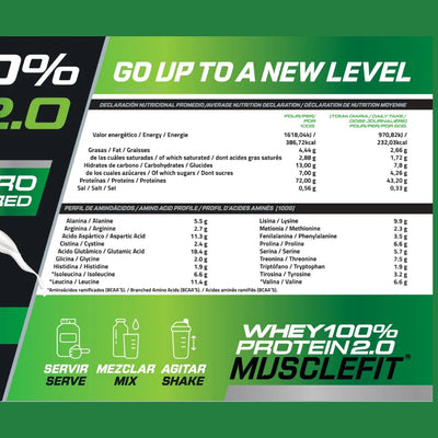 Nutritional information for MuscleVIP Whey Protein 2.0, showcasing protein content and amino acid profile.