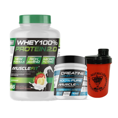 MuscleVIP Whey Protein and Creatine combo pack with shaker for muscle building and recovery.