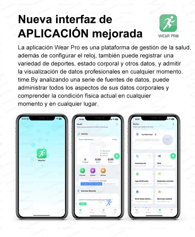 Wear Pro app interface showcasing health management and fitness tracking features on three smartphones.
