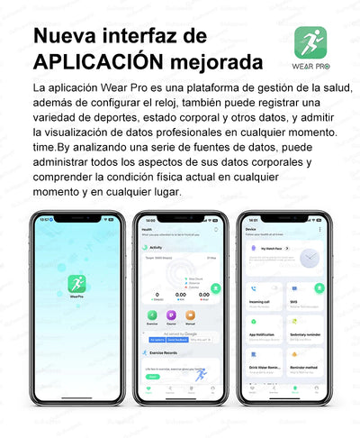 Wear Pro app interface showcasing health management and fitness tracking features on three smartphones.