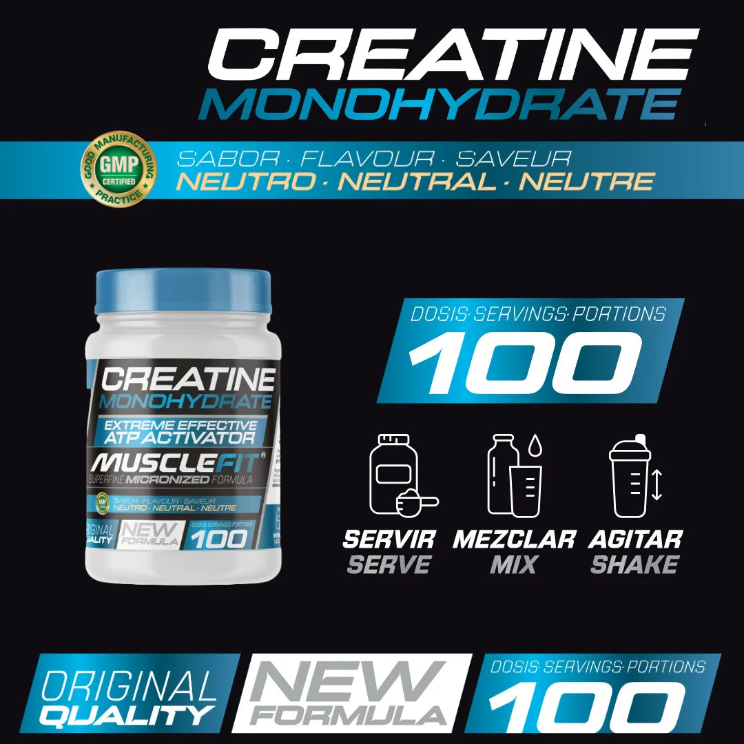 Creatine Monohydrate jar by MuscleFit, 100 servings, promoting muscle performance and recovery with a neutral flavor.