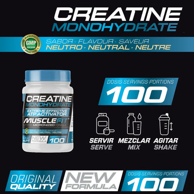 Creatine Monohydrate jar by MuscleFit, 100 servings, promoting muscle performance and recovery with a neutral flavor.