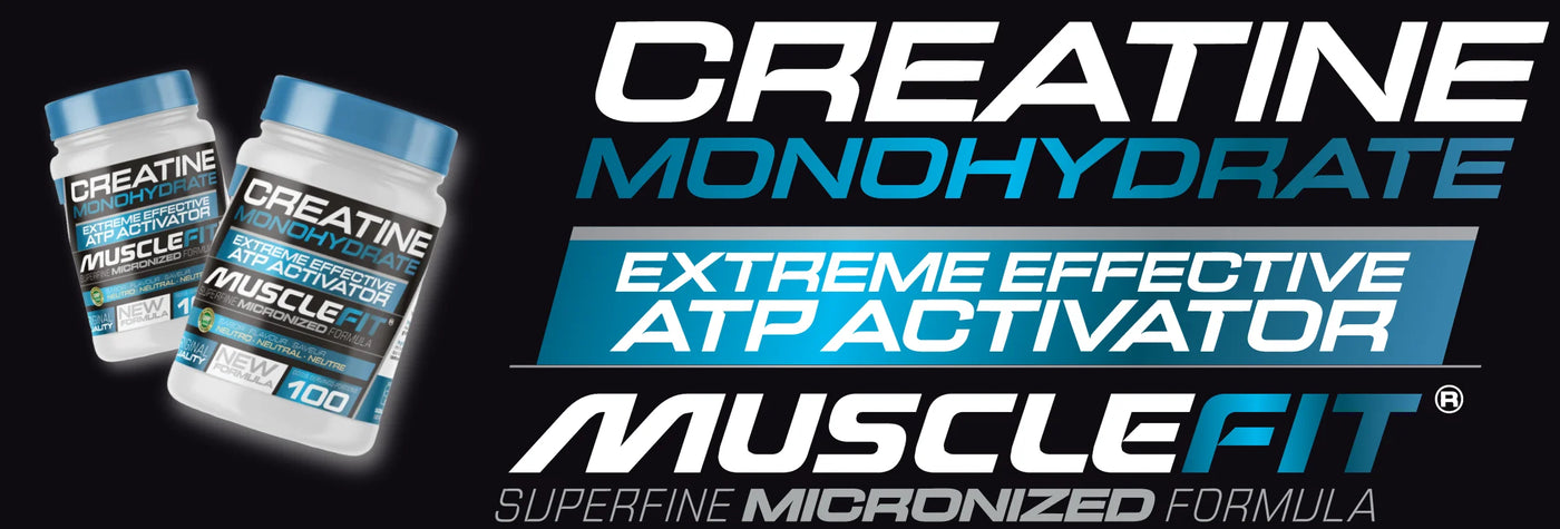 MuscleFit Creatine Monohydrate jars, effective ATP activator for muscle enhancement and performance.