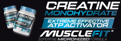MuscleFit Creatine Monohydrate jars, effective ATP activator for muscle enhancement and performance.