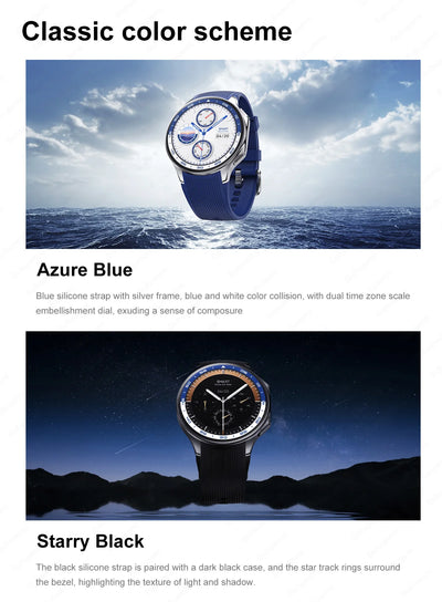 2024 OPPO Watch in Azure Blue and Starry Black with silicone straps and distinctive dials for fitness and music.