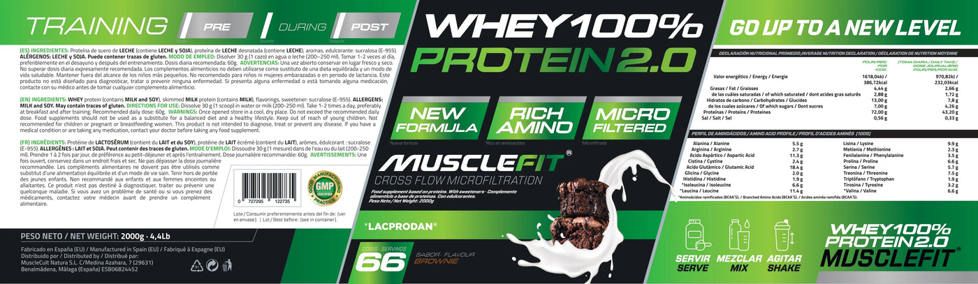 MuscleVIP Whey Protein 2.0 packaging showcasing nutritional info and benefits for muscle growth and recovery.