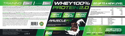 MuscleVIP Whey Protein 2.0 packaging showcasing nutritional info and benefits for muscle growth and recovery.