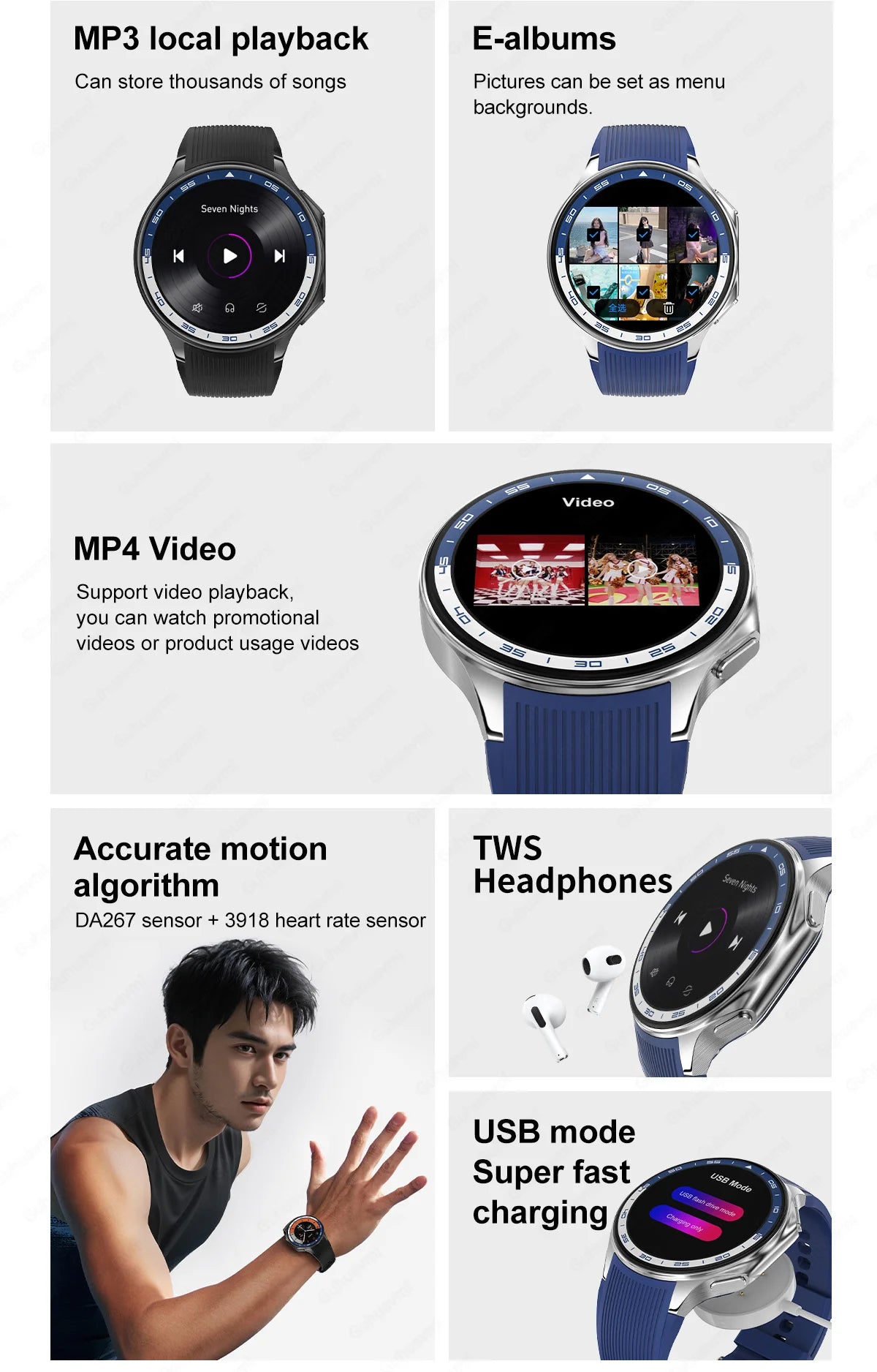 2024 OPPO Watch features MP3 playback, e-albums, video support, motion tracking, TWS headphones, and fast charging.