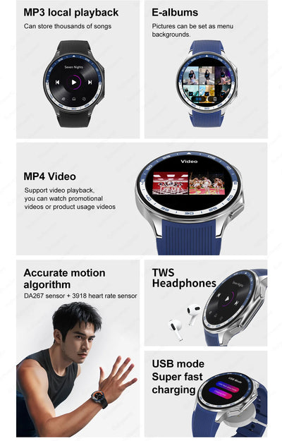 2024 OPPO Watch features MP3 playback, e-albums, video support, motion tracking, TWS headphones, and fast charging.