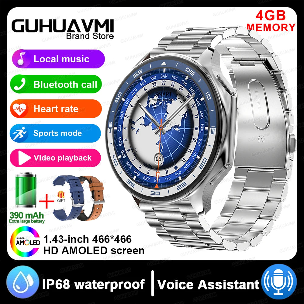 2024 OPPO Watch showcasing Bluetooth calls, IP68 waterproof, 4GB memory, and vibrant 1.43-inch AMOLED screen.