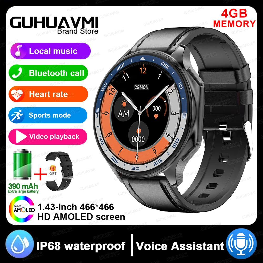 2024 OPPO Watch with 4GB memory, Bluetooth calls, IP68 waterproof, sports tracking, and HD AMOLED screen.